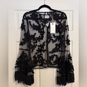 Anthropologie Endless Rose Mesh Floral Appliqué Lace Fringe Cuff Top Medium